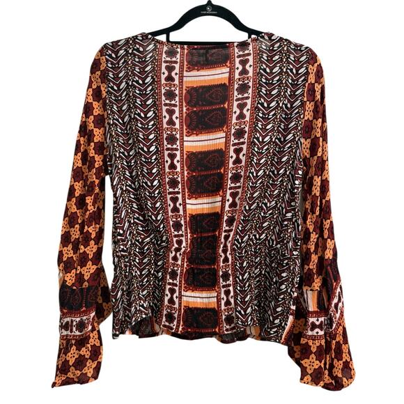 Free People Rosalie Wrap V Neck Top Mixed Media Boho Peasant Flowy M Fall - Picture 8 of 8